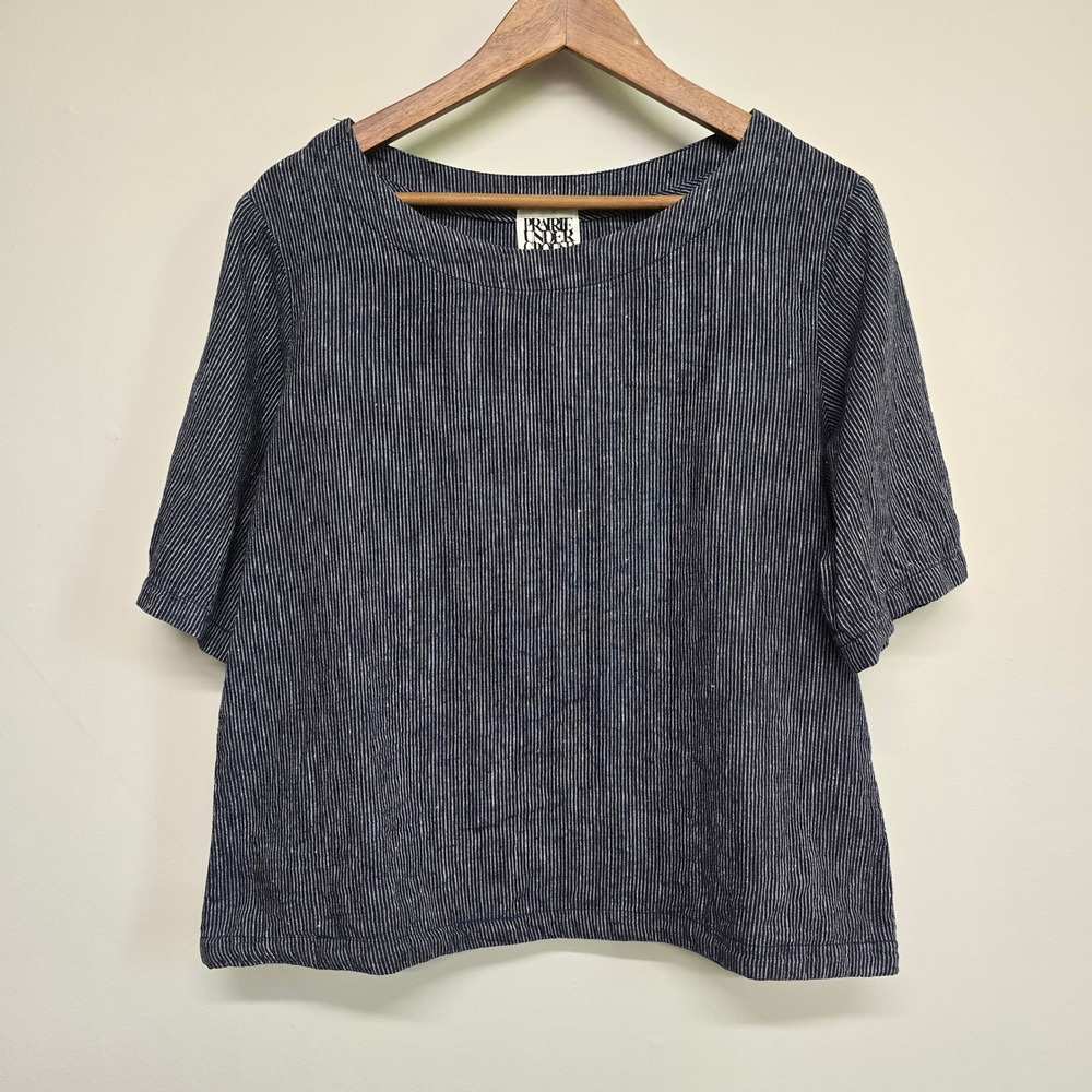 Prairie Underground Top Womens M Navy White Stripe Hemp Cotton Boho Lagenlook
